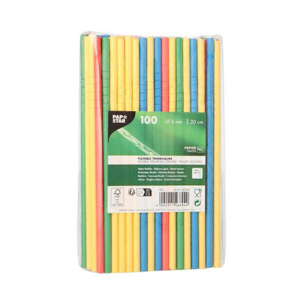 PAPSTAR Trinkhalme Papier, Ø 6 mm, 20 cm, farbig sortiert, flexibel | Folie (100 Stück)