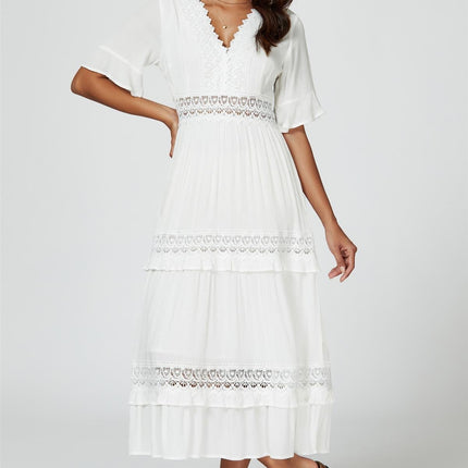 V Neck Lace Detail Midi Dress In White