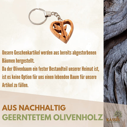 Schlüsselanhänger Schutzengel im Herz aus Olivenholz | Liebevoller Glücksbringer als Geschenk zur Taufe, Kommunion & Geburtstag