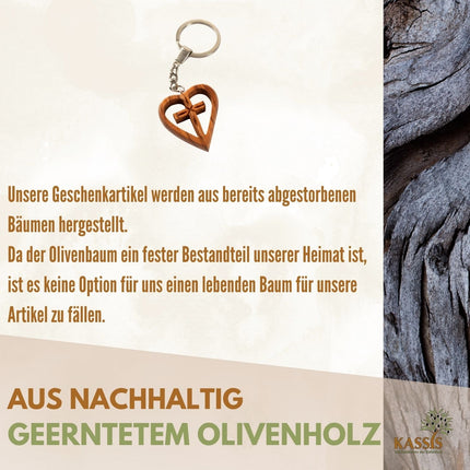 Schlüsselanhänger Kreuz im Herz aus Olivenholz | Liebevoller Glücksbringer als Geschenk zur Taufe, Kommunion & Geburtstag