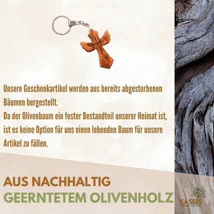 Schlüsselanhänger Kreuz in Engel-Form aus Olivenholz | Schutzengel Glücksbringer als Geschenk zur Taufe, Kommunion & Geburtstag