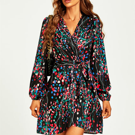 Abstract Floral Print Wrap Mini Dress In Black