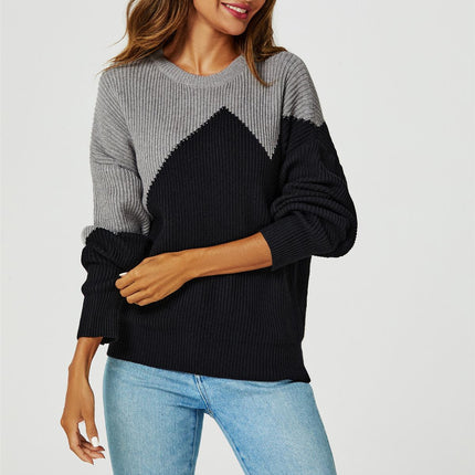 Block Colour Relaxed Knit Jumper Top In Grey & Black
