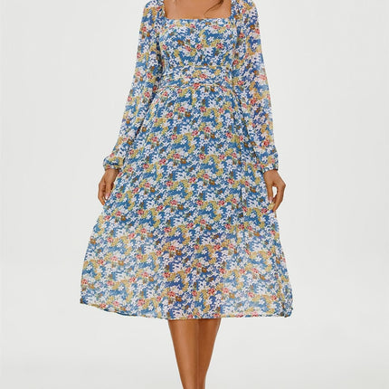 Floral Print Long Sleeve Maxi Dress In Blue