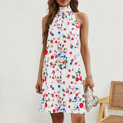 Floral Print Halter Neck Tie Back Mini Dress In White