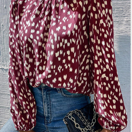 Animal Print Frill Detail High Neck Top In Wine
