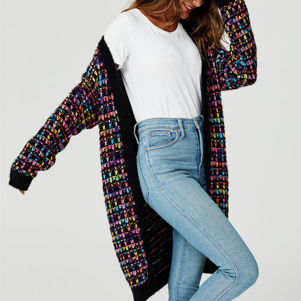 Rainbow Multicolour Speckles Boucle Check Cardigan In Black