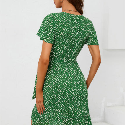 Floral Print Mini Wrap Dress In Green