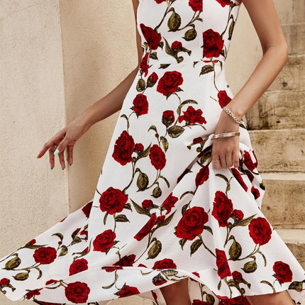 Red Roses Print Heart Neck Midi Dress In Off White