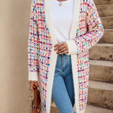 Cream Boucle Check Cardigan In Rainbow Multicolour Speckles