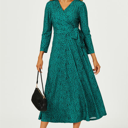 Green Leopard Print Wrap Top Midaxi Dress