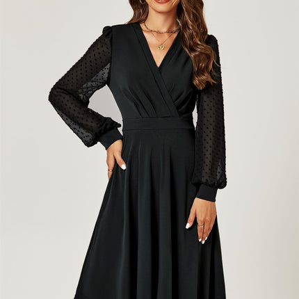 Long Chiffon Sleeve Pleated Midi Dress In Black