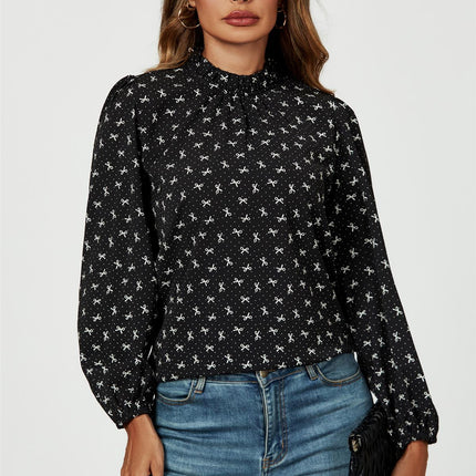 Bow Print Frill Detail High Neck Top In Black