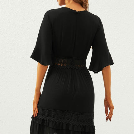 V Neck Lace Mini Dress In Black