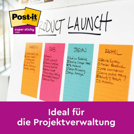 Post-it® Super Sticky Notes im Großformat, Verschiedene Farben, Liniert, 101 mm x 152 mm, Promotion, 90 Blatt/Block, 4 Blöcke + 2 Gratis/Packung, 100% PEFC, SGSCH-PEFC-COC-110078 | Packung (1 Stück)