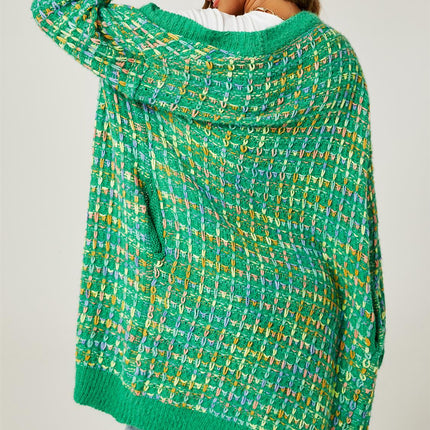 Green Boucle Check Cardigan In Rainbow Multicolour Speckles