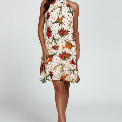 Floral Print Halter Neck Tie Back Mini Dress In Off White