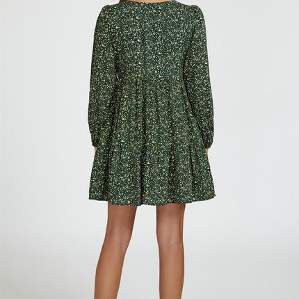 Little Floral Print Square Neck Mini Dress In Olive Green