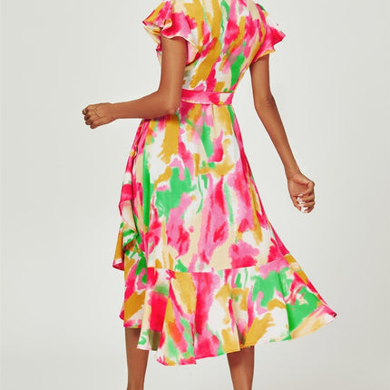 Abstract Floral Print Midi Wrap Dress In Pink