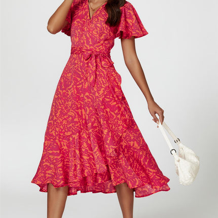 Abstract Print Midi Wrap Dress In Fuchsia