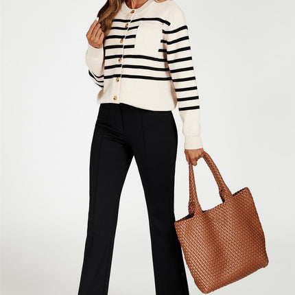 Pocket Stripe Knitted Cardigan In Cream