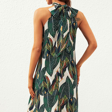 Leaf Print Halter Neck Tie Back Mini Dress In Green