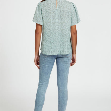 Grey Little Floral Print Angle Sleeve High Neck Top/Blouse In Blue