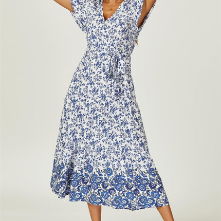 Floral Border Print Hem Tiered Midi Dress In White