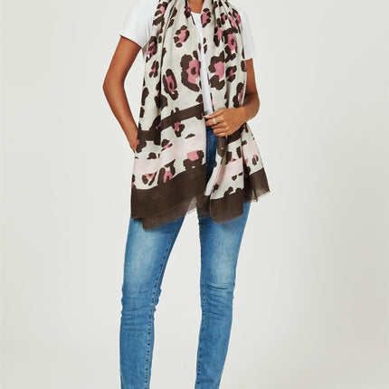 Leopard & Strip Print Fringed edges Scarf In Pink & Black