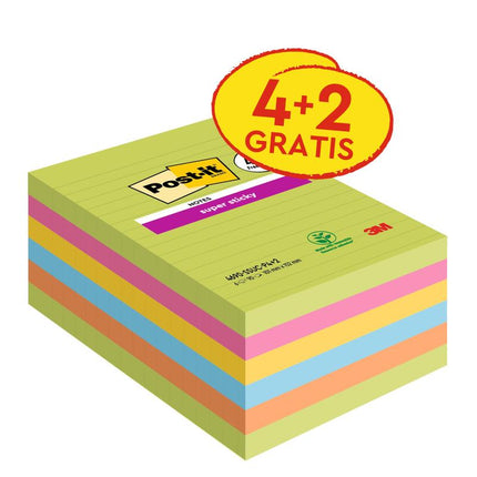 Post-it® Super Sticky Notes im Großformat, Verschiedene Farben, Liniert, 101 mm x 152 mm, Promotion, 90 Blatt/Block, 4 Blöcke + 2 Gratis/Packung, 100% PEFC, SGSCH-PEFC-COC-110078 | Packung (1 Stück)