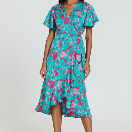 Turquoise & Hot Pink Print Angel Sleeve Wrap Midi Dress