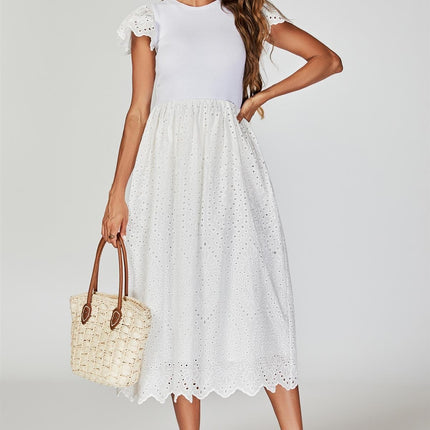 Jersey Broderie Midi Dress In White
