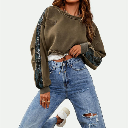 Oversized Sequin Detail Cropped Sweatshirt In Khaki