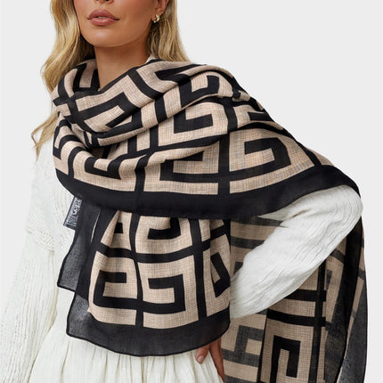 Geo Print Scarf In Beige & Black