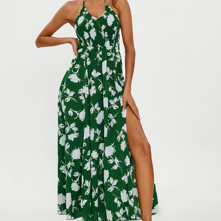 Floral Print Tie Halterneck Back Detail Maxi Dress In Green