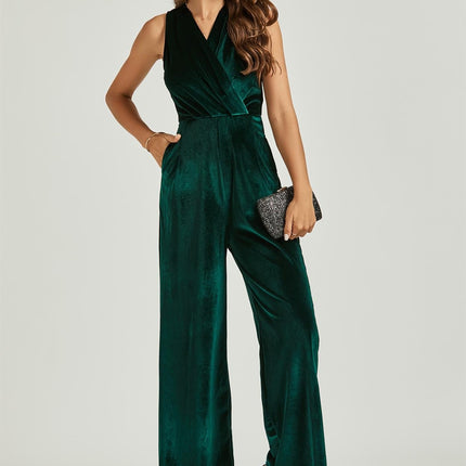 Velvet Wrap Jumpsuit In Green