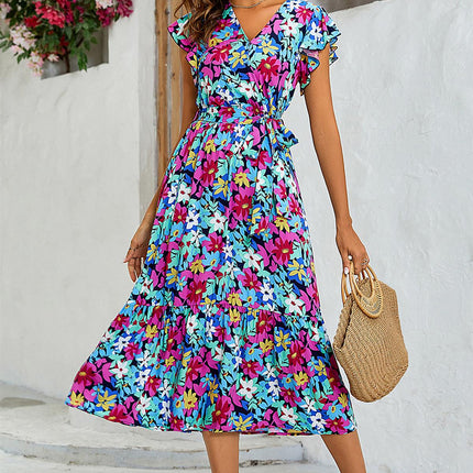 Multi Colour Floral Print Wrap Dress In Navy