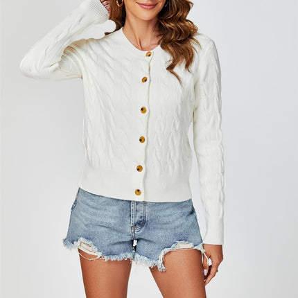 Cable-Knit Crewneck Cardigan In Cream