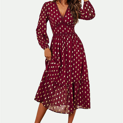 Lace Trim Foil Long Sleeve Maxi Dress In Wine