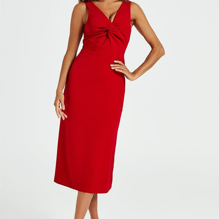 V Neck Knot Front Midi Dress In Red