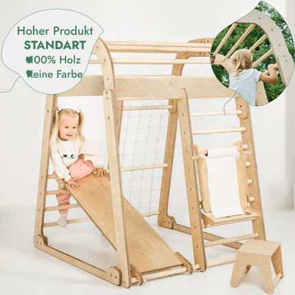 8in1 Indoor Spielplatz: Klettergerüst mit Kletternetz, Rutsche, Gymnastikringe, Hängende Leiter, Disc - Schaukel, Maltafel und Kinderstuhl – Beige (7in1 Playsets) kaufen bei Linkreich – Jetzt entdecken!