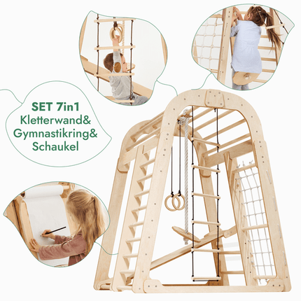 8in1 Indoor Spielplatz: Klettergerüst mit Kletternetz, Rutsche, Gymnastikringe, Hängende Leiter, Disc - Schaukel, Maltafel und Kinderstuhl – Beige (7in1 Playsets) kaufen bei Linkreich – Jetzt entdecken!