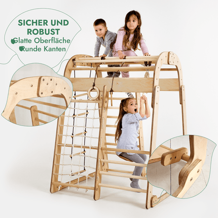 8in1 Indoor Spielplatz: Klettergerüst mit Kletternetz, Rutsche, Gymnastikringe, Hängende Leiter, Disc - Schaukel, Maltafel und Kinderstuhl – Beige (7in1 Playsets) kaufen bei Linkreich – Jetzt entdecken!