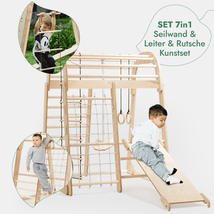 8in1 Indoor Spielplatz: Klettergerüst mit Kletternetz, Rutsche, Gymnastikringe, Hängende Leiter, Disc - Schaukel, Maltafel und Kinderstuhl – Beige (7in1 Playsets) kaufen bei Linkreich – Jetzt entdecken!