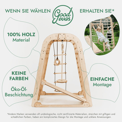 8in1 Indoor Spielplatz: Klettergerüst mit Kletternetz, Rutsche, Gymnastikringe, Hängende Leiter, Disc - Schaukel, Maltafel und Kinderstuhl – Beige (7in1 Playsets) kaufen bei Linkreich – Jetzt entdecken!