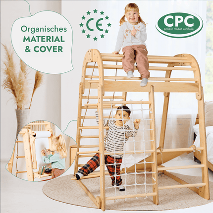 8in1 Indoor Spielplatz: Klettergerüst mit Kletternetz, Rutsche, Gymnastikringe, Hängende Leiter, Disc - Schaukel, Maltafel und Kinderstuhl – Beige (7in1 Playsets) kaufen bei Linkreich – Jetzt entdecken!