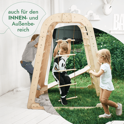 8in1 Indoor Spielplatz: Klettergerüst mit Kletternetz, Rutsche, Gymnastikringe, Hängende Leiter, Disc - Schaukel, Maltafel und Kinderstuhl – Beige (7in1 Playsets) kaufen bei Linkreich – Jetzt entdecken!