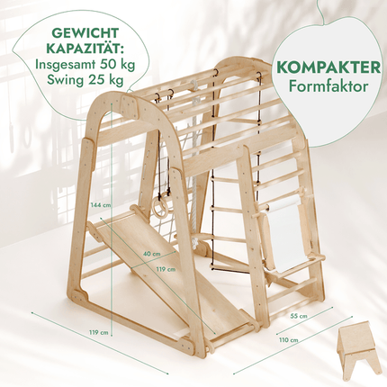 8in1 Indoor Spielplatz: Klettergerüst mit Kletternetz, Rutsche, Gymnastikringe, Hängende Leiter, Disc - Schaukel, Maltafel und Kinderstuhl – Beige (7in1 Playsets) kaufen bei Linkreich – Jetzt entdecken!
