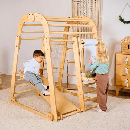 8in1 Indoor Spielplatz: Klettergerüst mit Kletternetz, Rutsche, Gymnastikringe, Hängende Leiter, Disc - Schaukel, Maltafel und Kinderstuhl – Beige (7in1 Playsets) kaufen bei Linkreich – Jetzt entdecken!