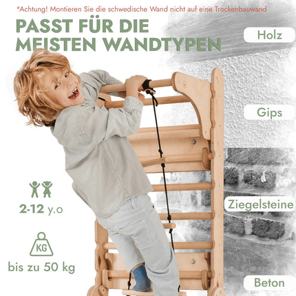 8in1 Kletterwand Indoor: Sprossenwand, Gymnastikringe, Hängende Leiter, Disc-Schaukel, Rutsche, Klimmzugstange, Maltafel und Kinderstuhl für Kinder – Beige